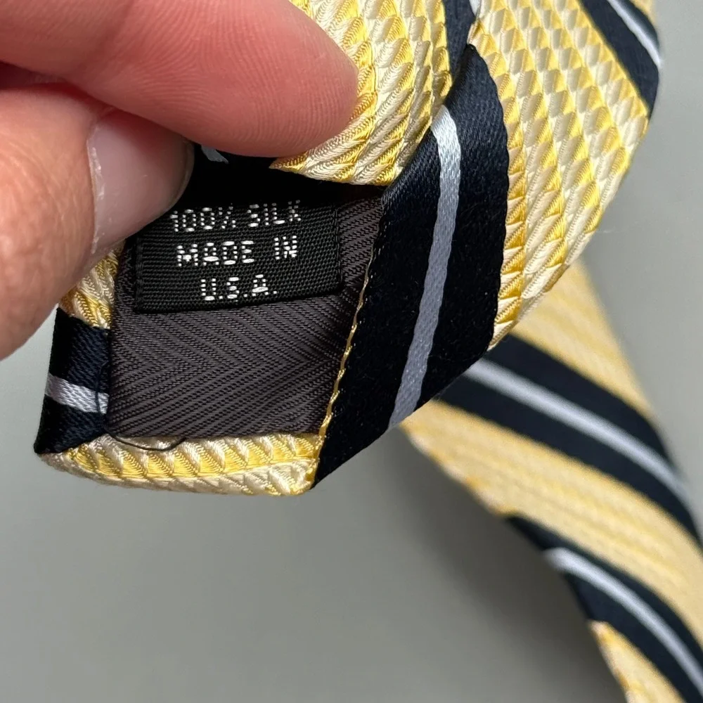 Studio‎ Milan Mens Silk Tie Yellow Navy Blue White Striped Made in USA Classic
